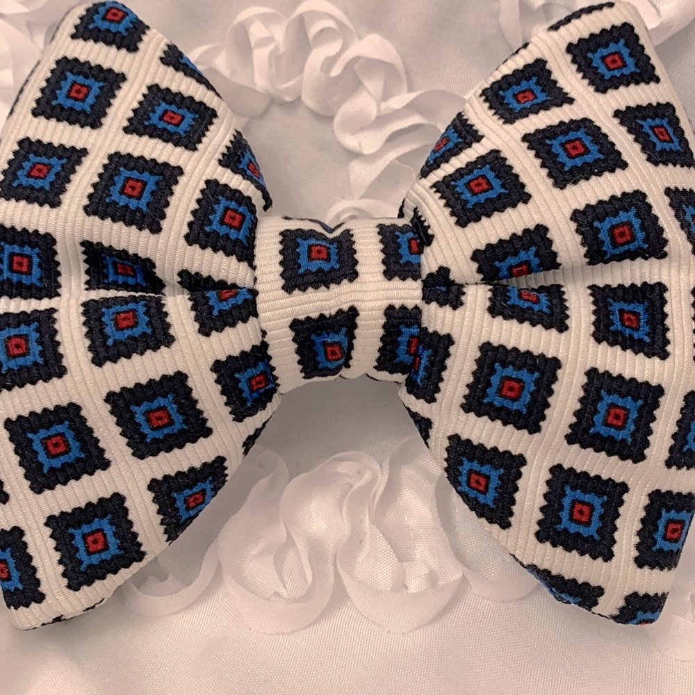 Vintage Silk Clip On Bow Tie White Blues Cranberry Classic Timeless